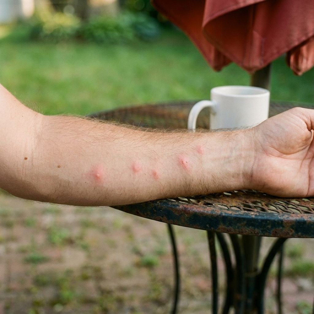 Forearm with several welted mosquito bites, resting on a bistro table with a coffee mug in the background.
