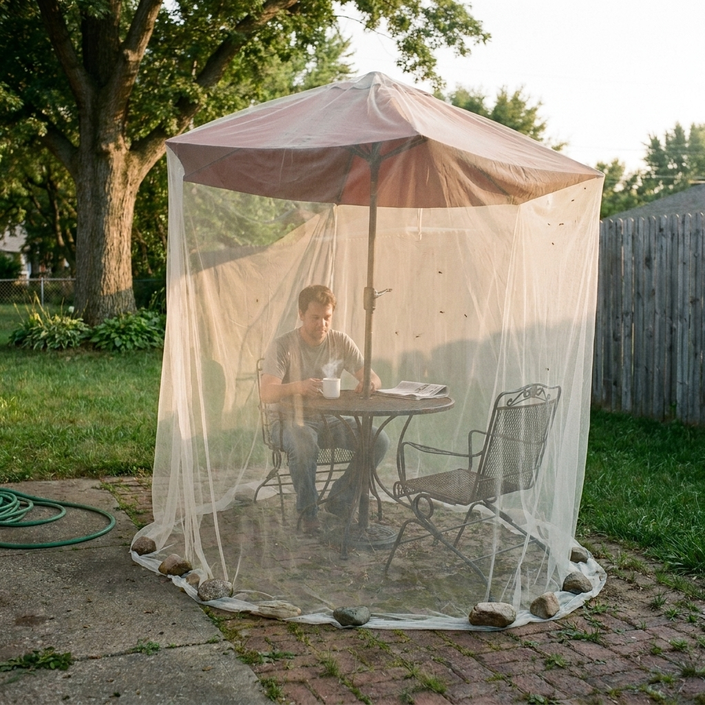 A patio umbrella draped to the ground in white mosquito netting, weighted with river rocks, narrator sitting inside with coffee.
