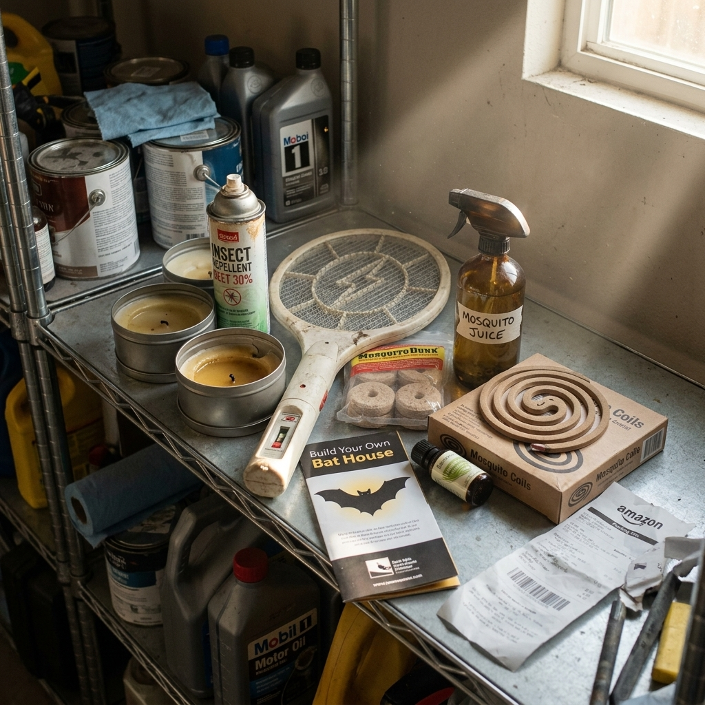A garage shelf covered in failed mosquito products: citronella, DEET, a tennis-racket zapper, coils, dunks, a homemade spray bottle.