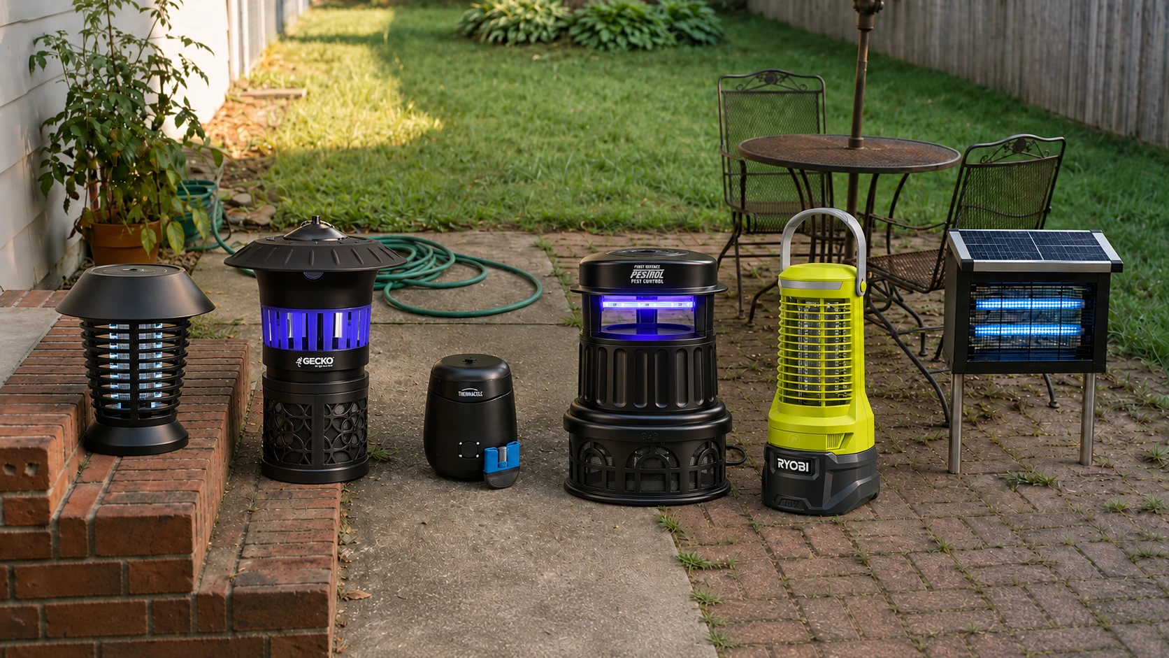 The six finalists lined up on a backyard path and brick patio: Stinger solar lantern, Gecko Triple Lure, Thermacell E55, Pestrol Outdoor Dominator, RYOBI ONE+ zapper and the GroundGuard Sentinel.