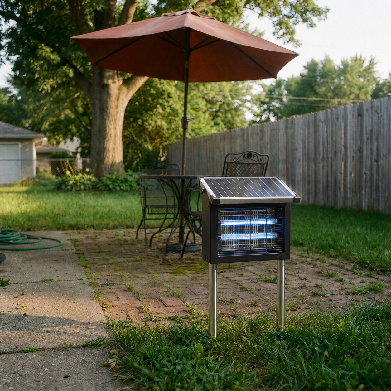 GroundGuard Sentinel solar bug zapper staked in the patio corner, bistro table and umbrella behind it. Afternoon sun.