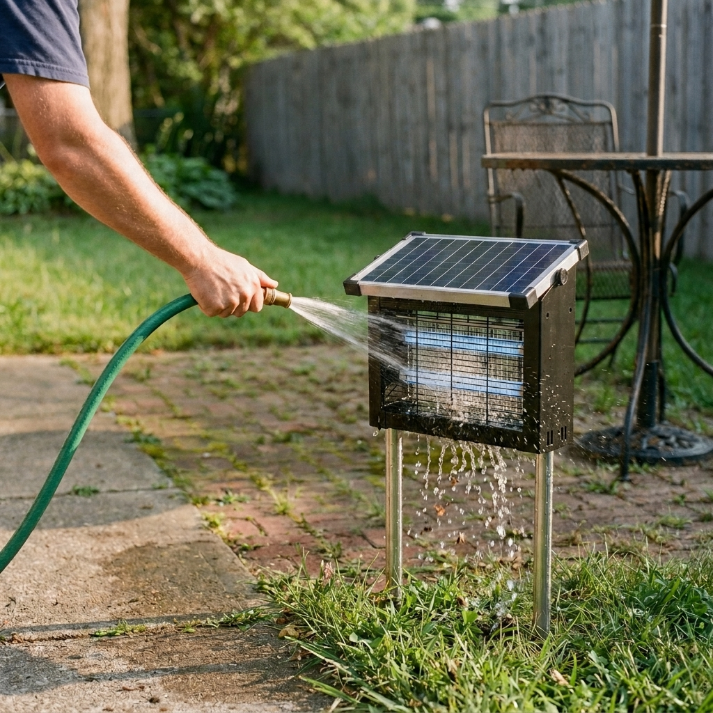 Narrator rinsing the GroundGuard Sentinel's catch tray with a garden hose — water streaming through the grid.