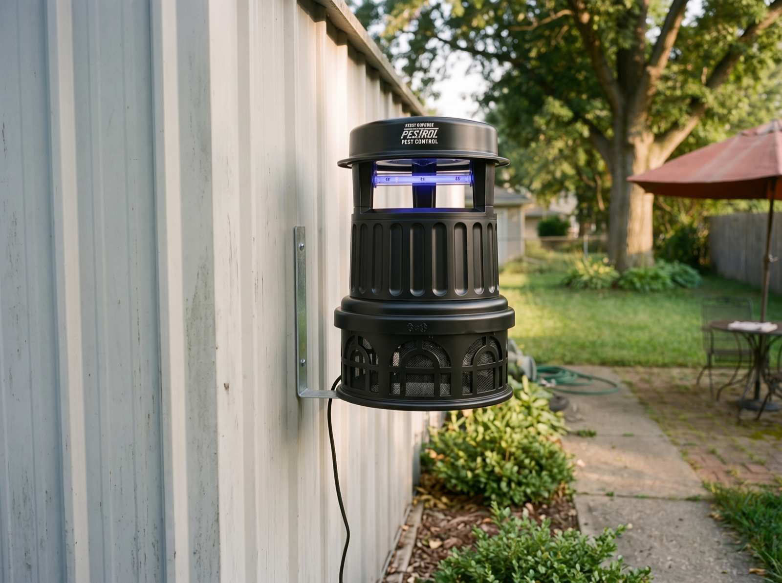 A Pestrol Outdoor Dominator trap on a galvanised wall bracket on the side of a garden shed, power cord running down the wall, late-day sun.