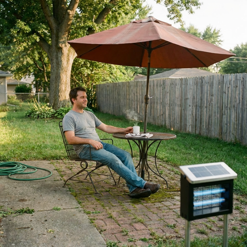 The narrator back at his bistro table with coffee in hand — no netting — the GroundGuard zapper staked in the corner of the patio.